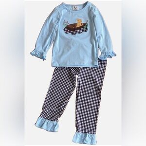 Maci & Madi Dog Canoe Appliqué Top & Pants Outfit Set 5 - 6 Blue Gingham Ruffle